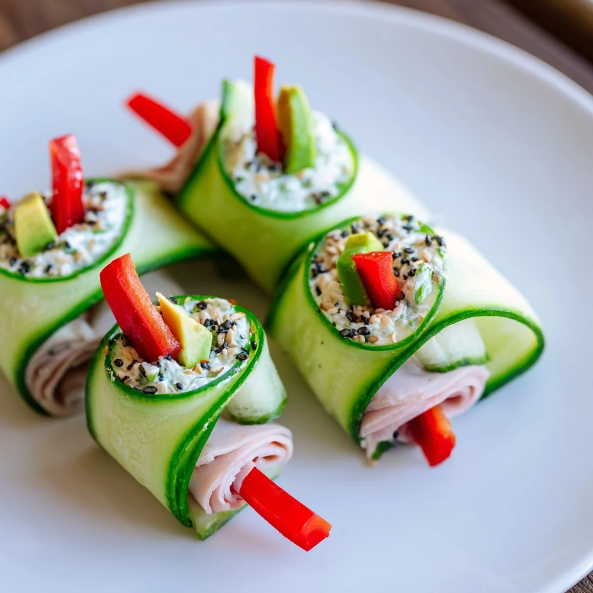 Cucumber Roll-Ups – Low-carb snack featuring fresh cucumber slices rolled with deli meat.