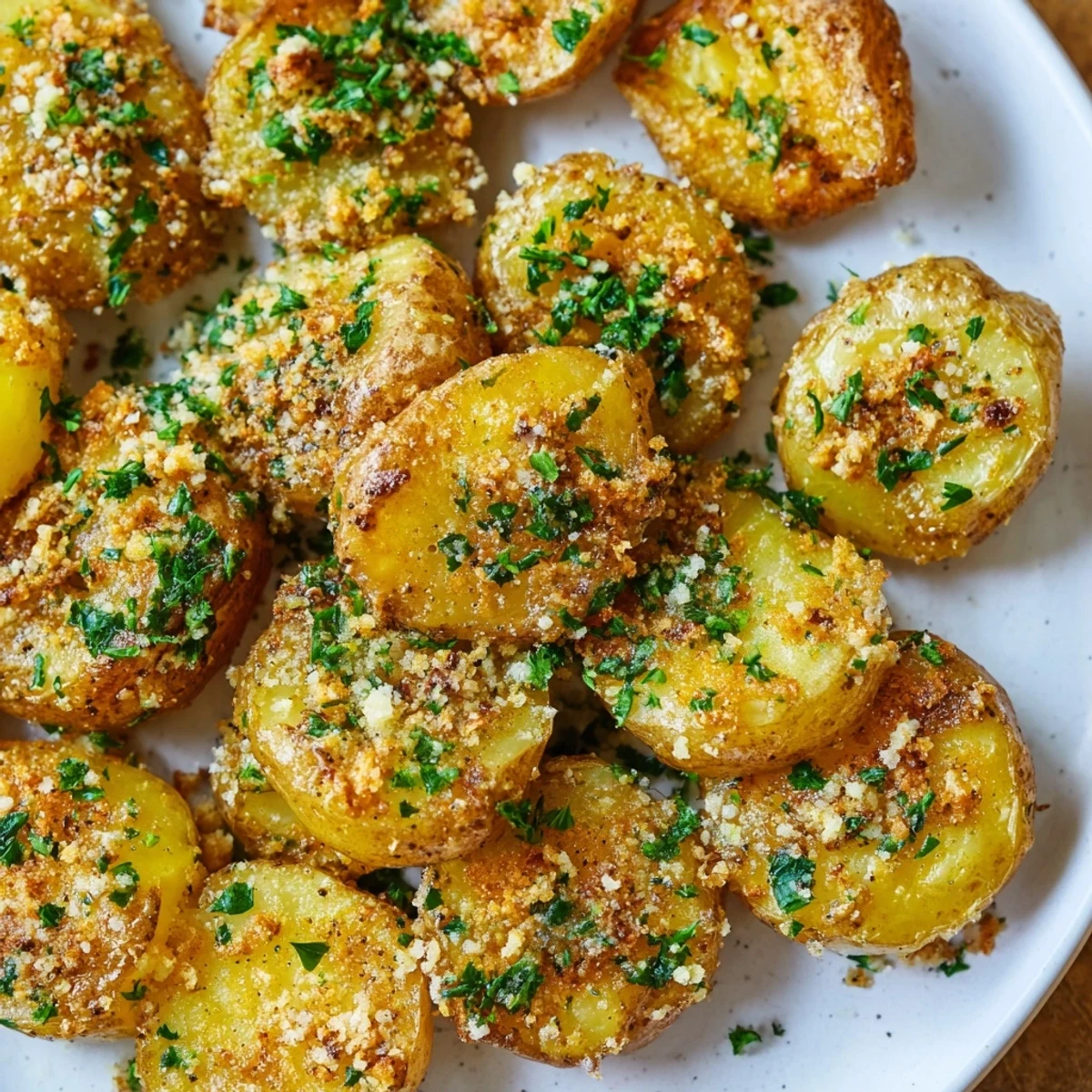 Smashed, golden-brown garlic Parmesan potatoes, a vegetarian delight ready to enjoy as a flavorful snack.