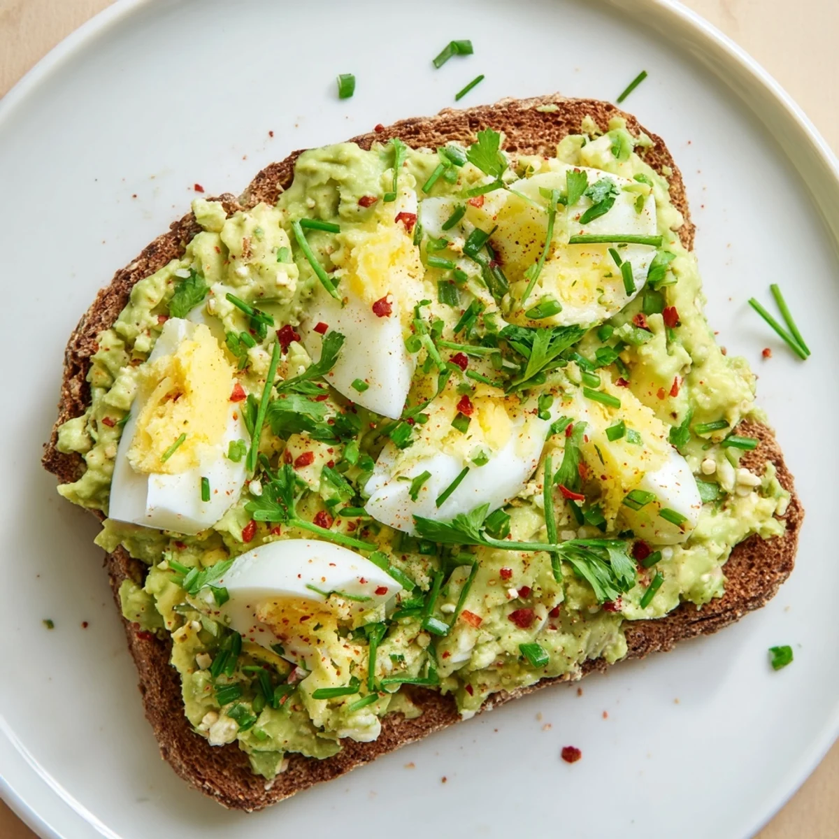 Golden-brown toasted bread topped with creamy Avocado Egg Smash, garnished with fresh chives.
