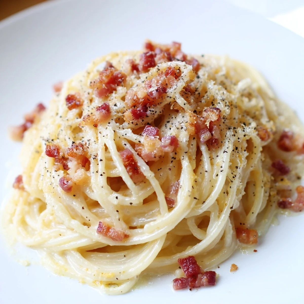 Steaming Express Spaghetti Carbonara with golden bacon bits and a creamy, egg-enriched sauce.