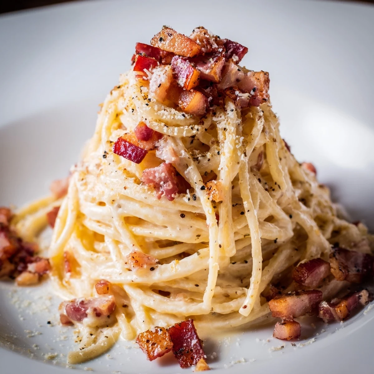 Close-up of freshly made Express Spaghetti Carbonara, garnished with Parmesan and cracked pepper, ready to eat.