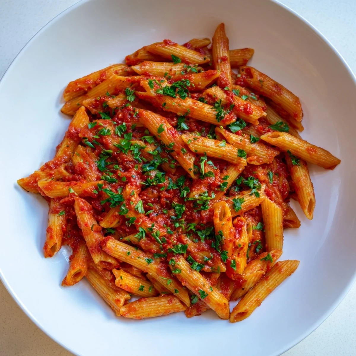 Spicy Penne all'Arrabbiata, a classic Italian main dish, bubbling with chili flakes and garlic flavor.