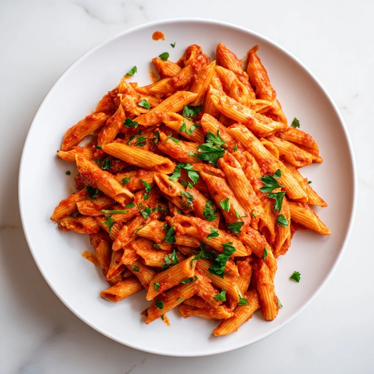 Steaming plate of Penne all'Arrabbiata: vibrant red tomato sauce coats perfectly cooked penne pasta.