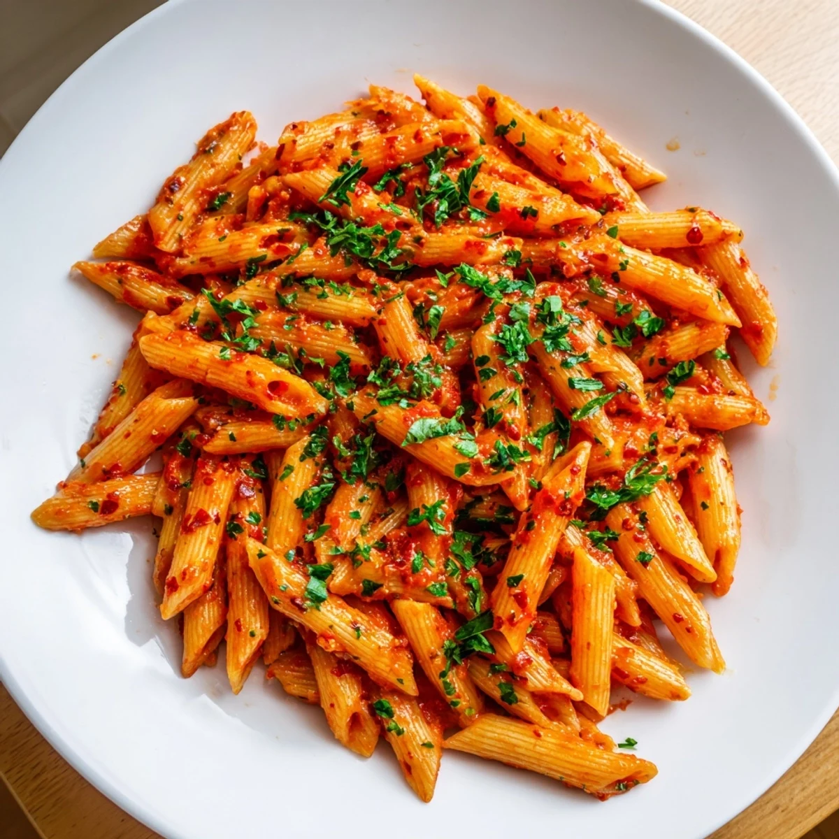 Enjoy a forkful of delicious Penne all'Arrabbiata, with fresh parsley and a drizzle of olive oil.