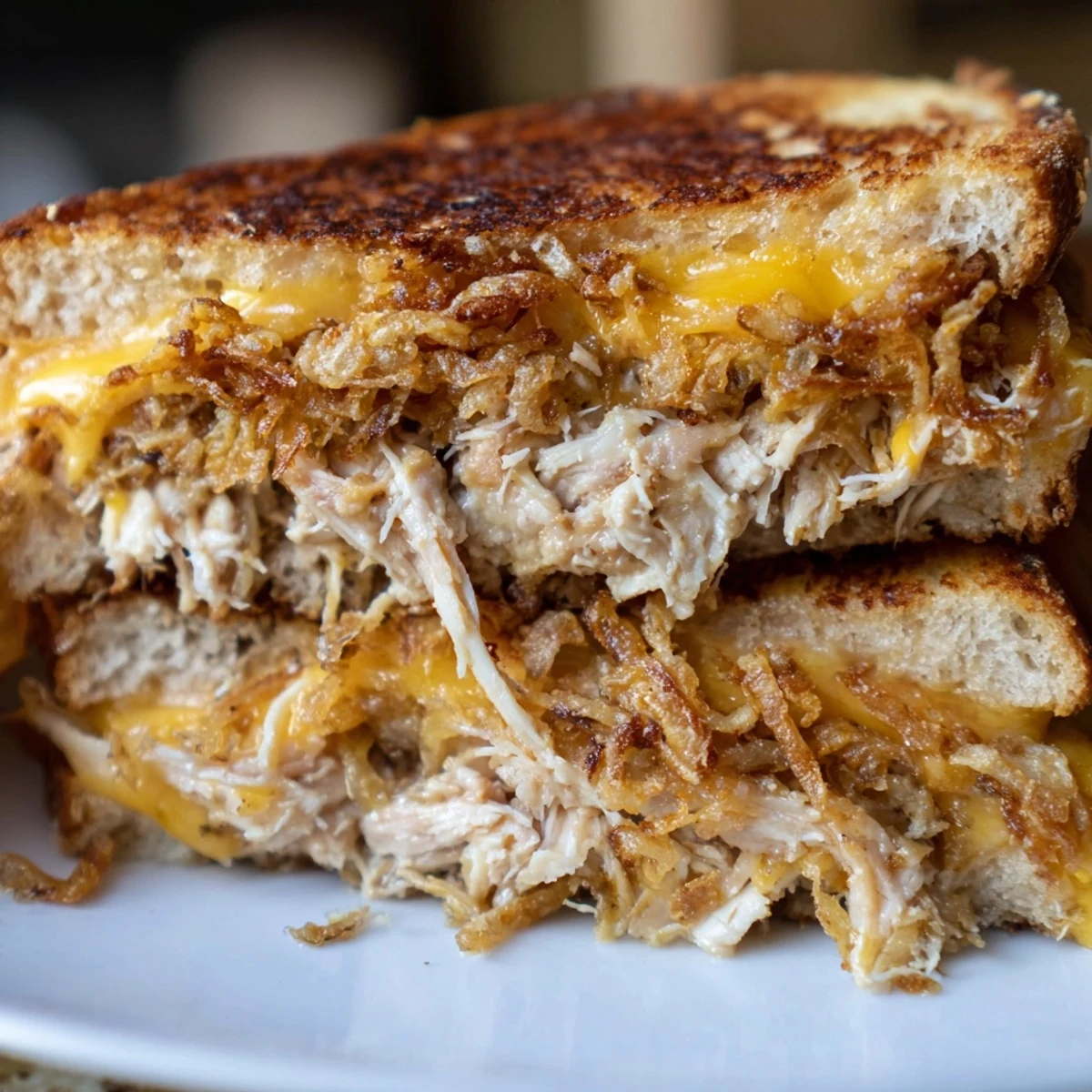 Golden, melty Crispy Shallot Chicken Grilled Cheese with crunchy edges, ready to serve with tomato soup.