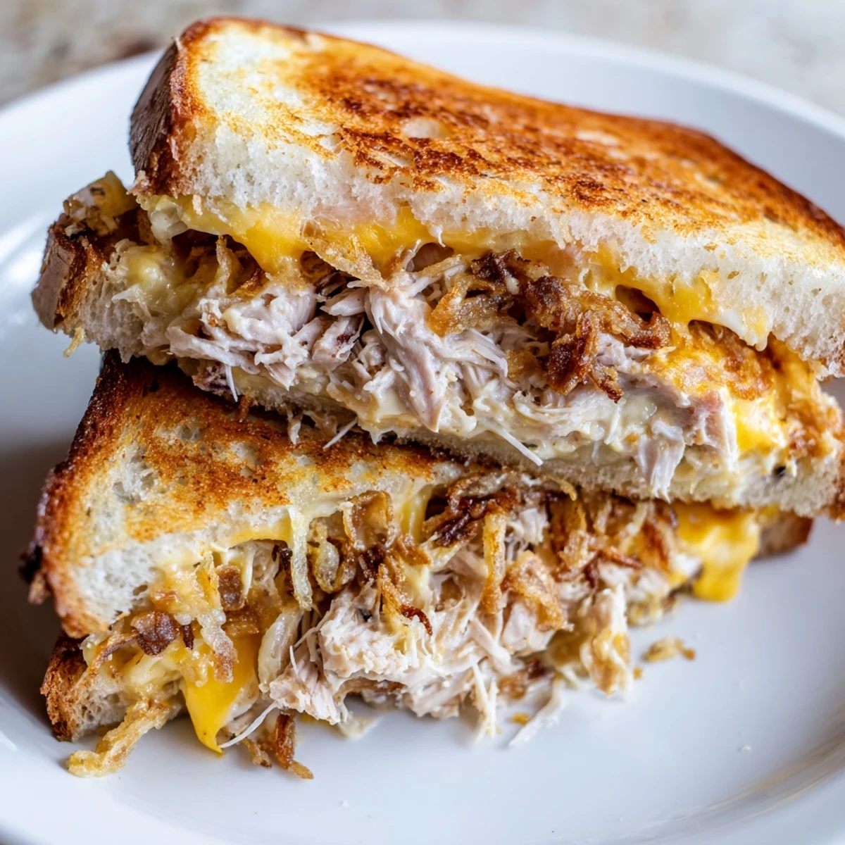 A beautifully browned Crispy Shallot Chicken Grilled Cheese, oozing cheese and fried shallots, a comfort food classic.