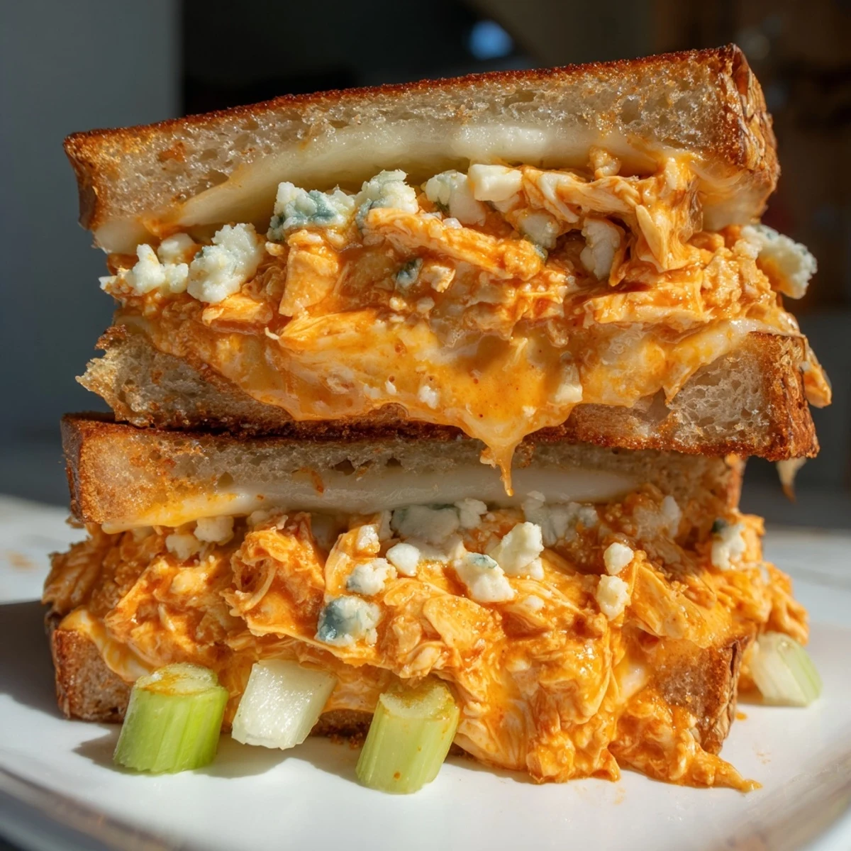 Golden-brown Buffalo Chicken Grilled Cheese oozes melted cheese, savory chicken, and crispy bread—a hearty meal.