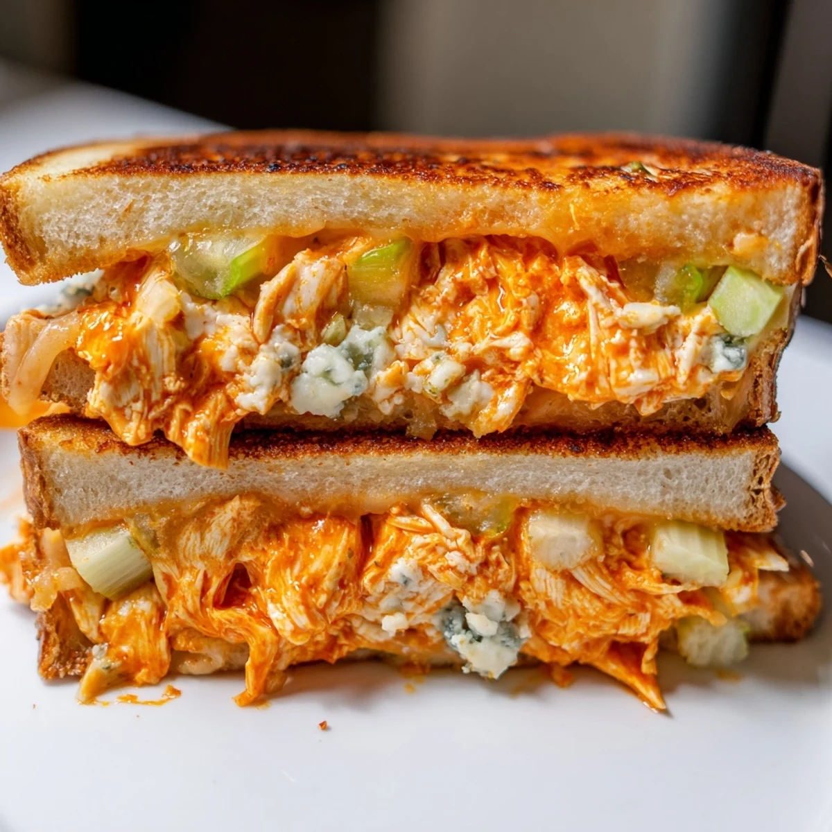 Mouthwatering close-up of a Buffalo Chicken Grilled Cheese, perfectly sliced with a rich, inviting interior.