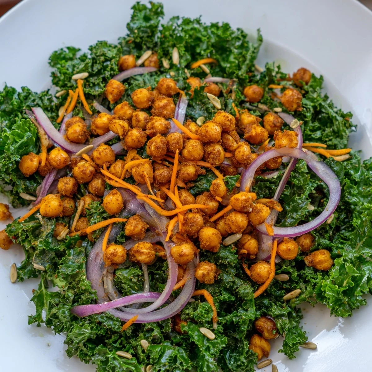Crispy roasted chickpeas topping a vibrant kale salad with lemon dressing, a tasty and healthy meal.