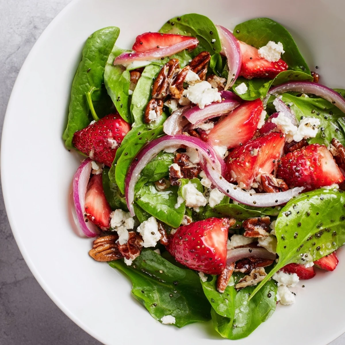 Fresh spinach strawberry salad featuring bright red strawberries, perfect for a summer lunch.