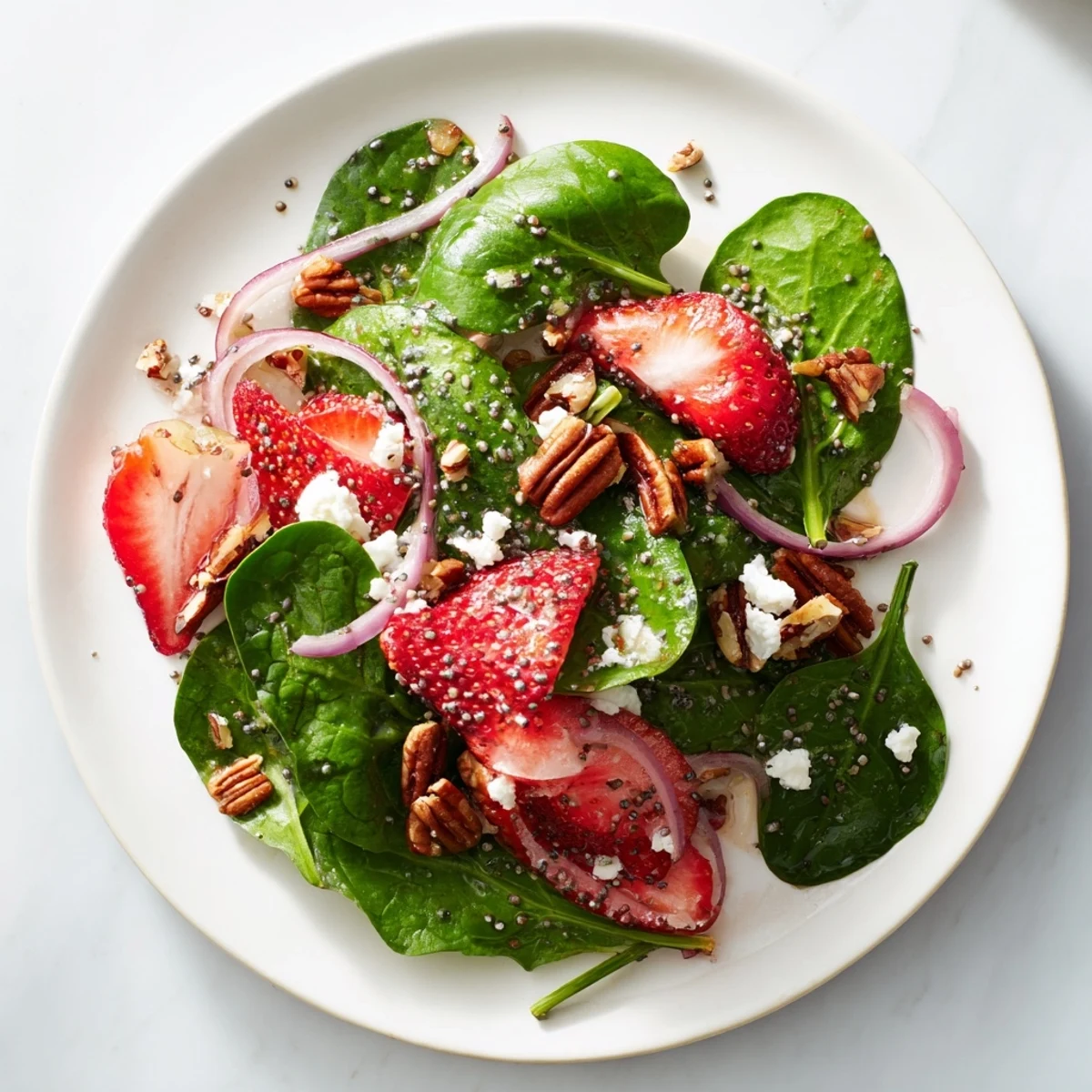 A close-up of a delightful spinach strawberry salad, showing the sweet poppy seed dressing.