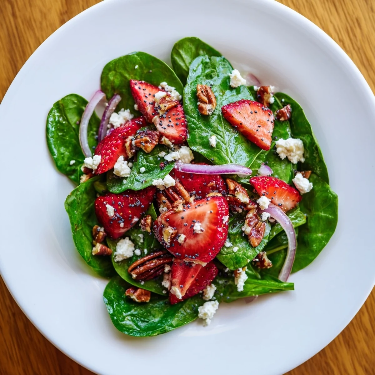 Vibrant spinach strawberry salad with pecans, ready to be tossed and enjoyed today.