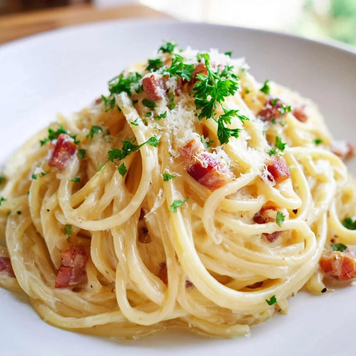 Get a taste of this creamy garlic bacon pasta, a perfect comfort food dish.
