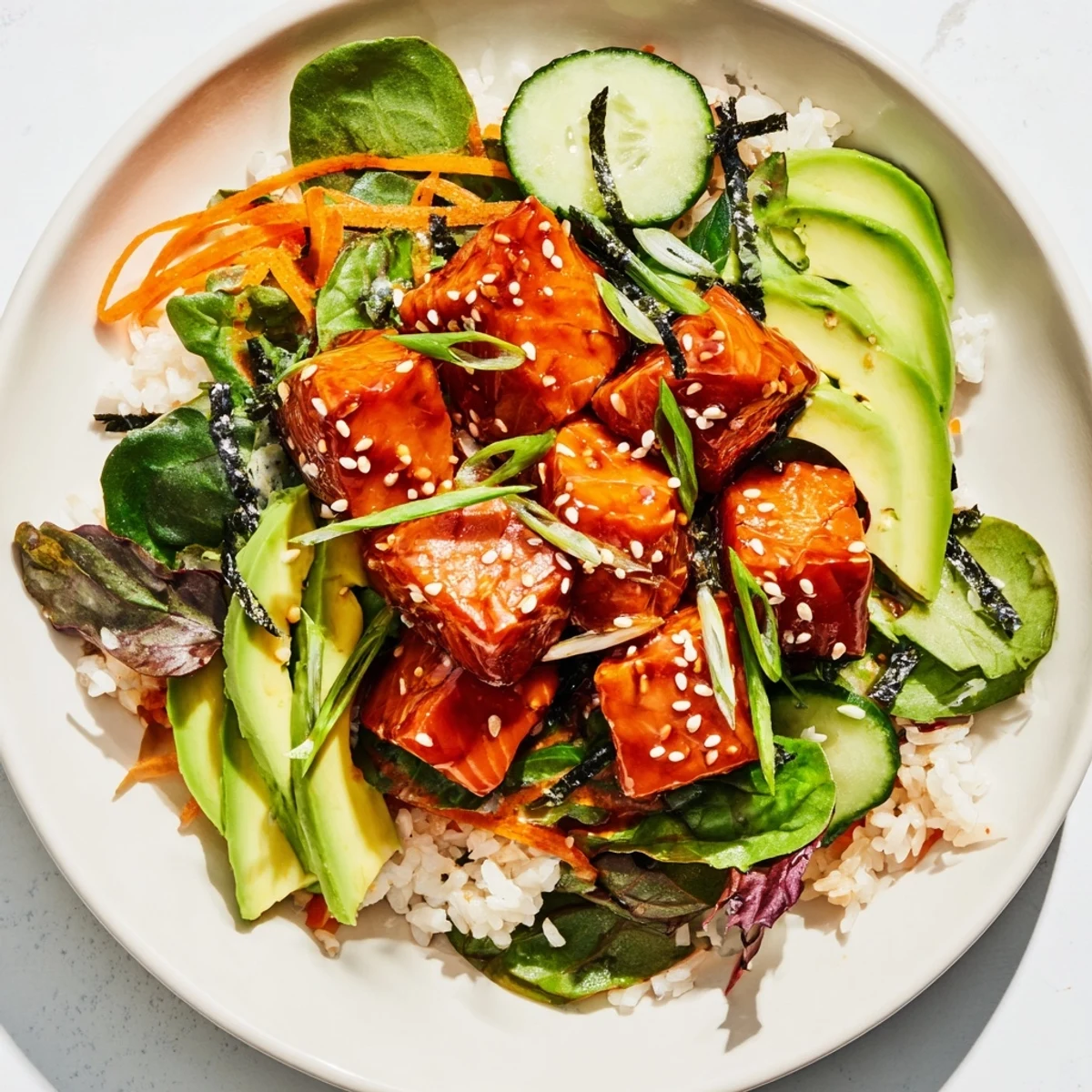 Vibrant poke bowl salad with glistening cubes of fresh tuna over colorful salad greens.