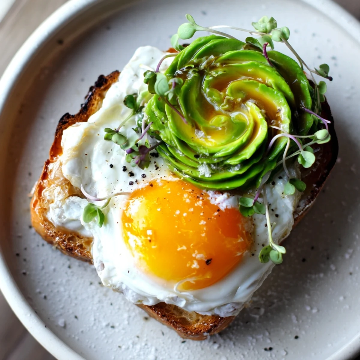 Indulge in this vibrant plate of cloud toast 2.0, with perfectly cooked egg, creamy avocado, and honey.