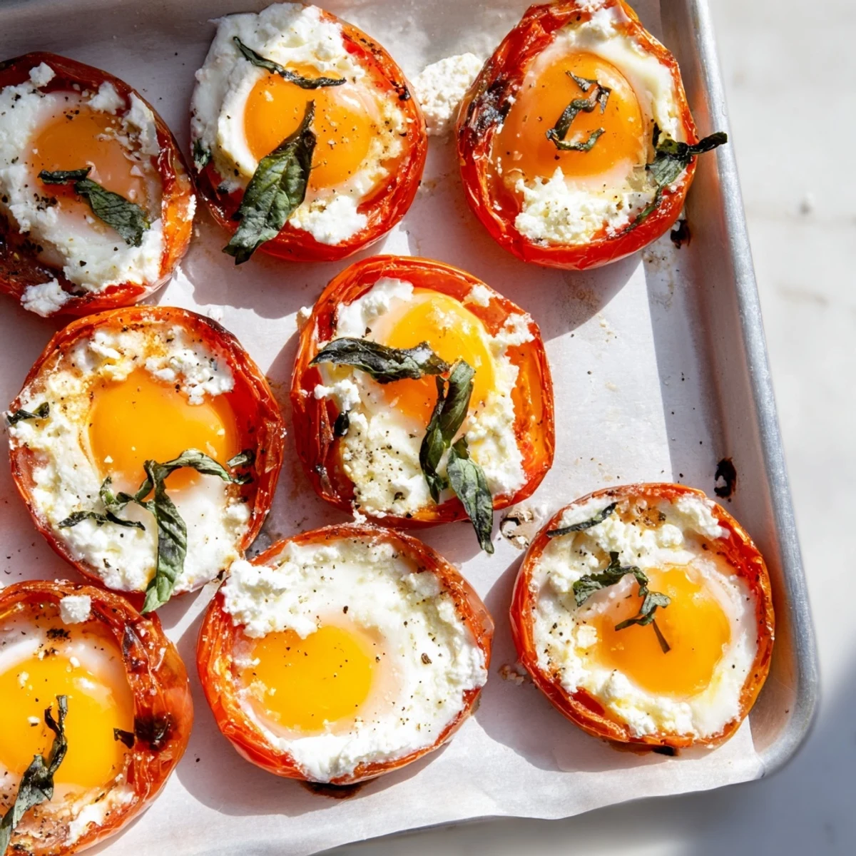 Tomato Feta Baked Eggs Sheet Pan bursting with color, featuring golden yolks and crumbled feta cheese.
