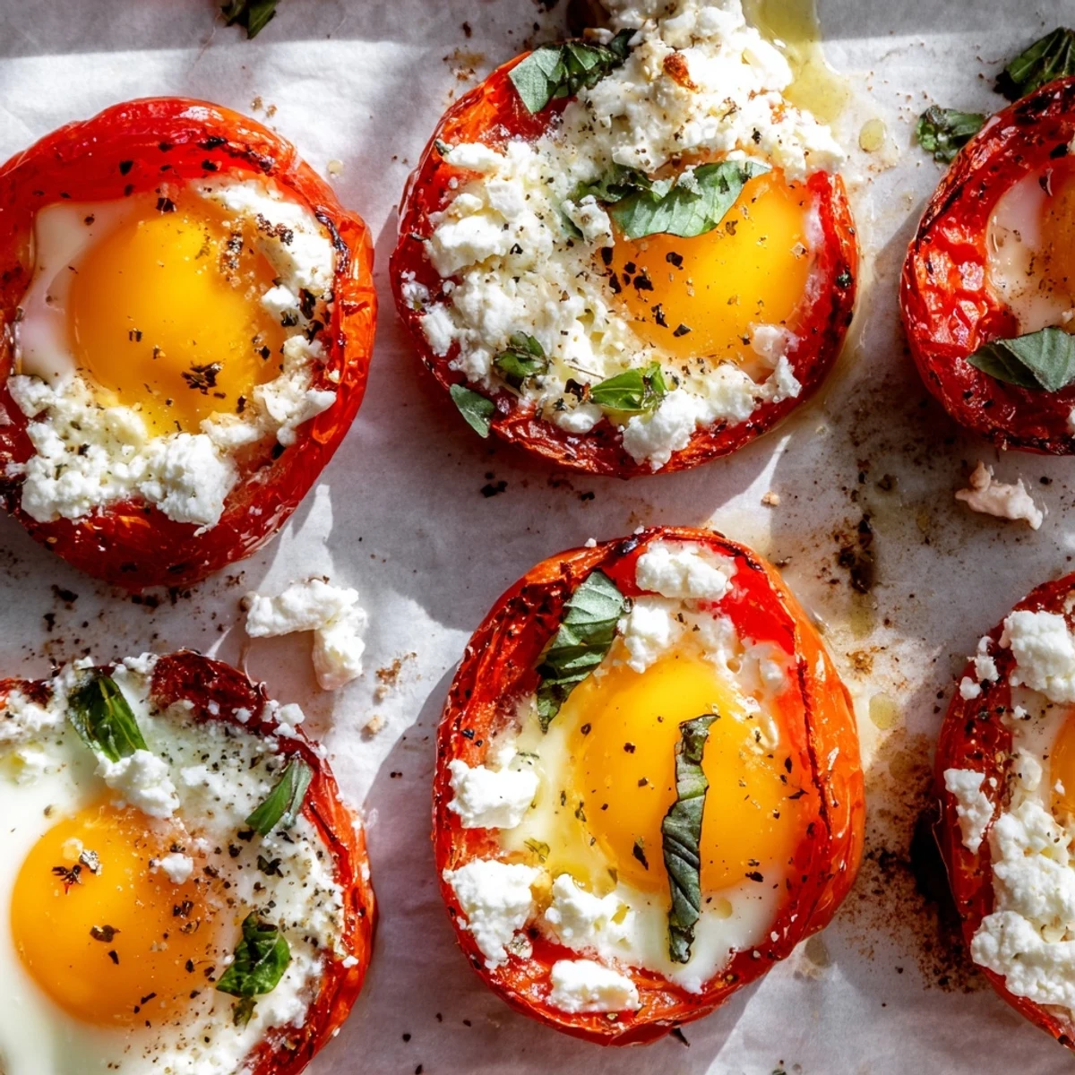 Enjoy the Mediterranean flavors of Tomato Feta Baked Eggs, perfectly roasted with oregano and garlic.