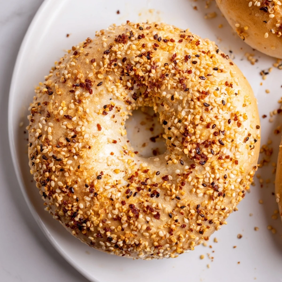 Golden-brown everything bagel yogurt bagels, oven-fresh and sprinkled with flavorful seasoning, perfect breakfast.