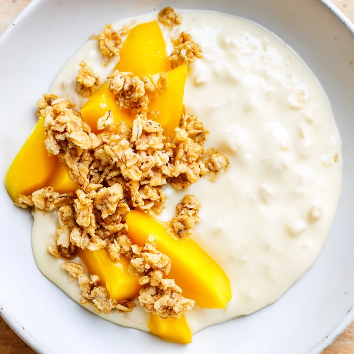 Creamy mango blended overnight oats, blended until smooth and topped with crunchy granola, ready to eat.