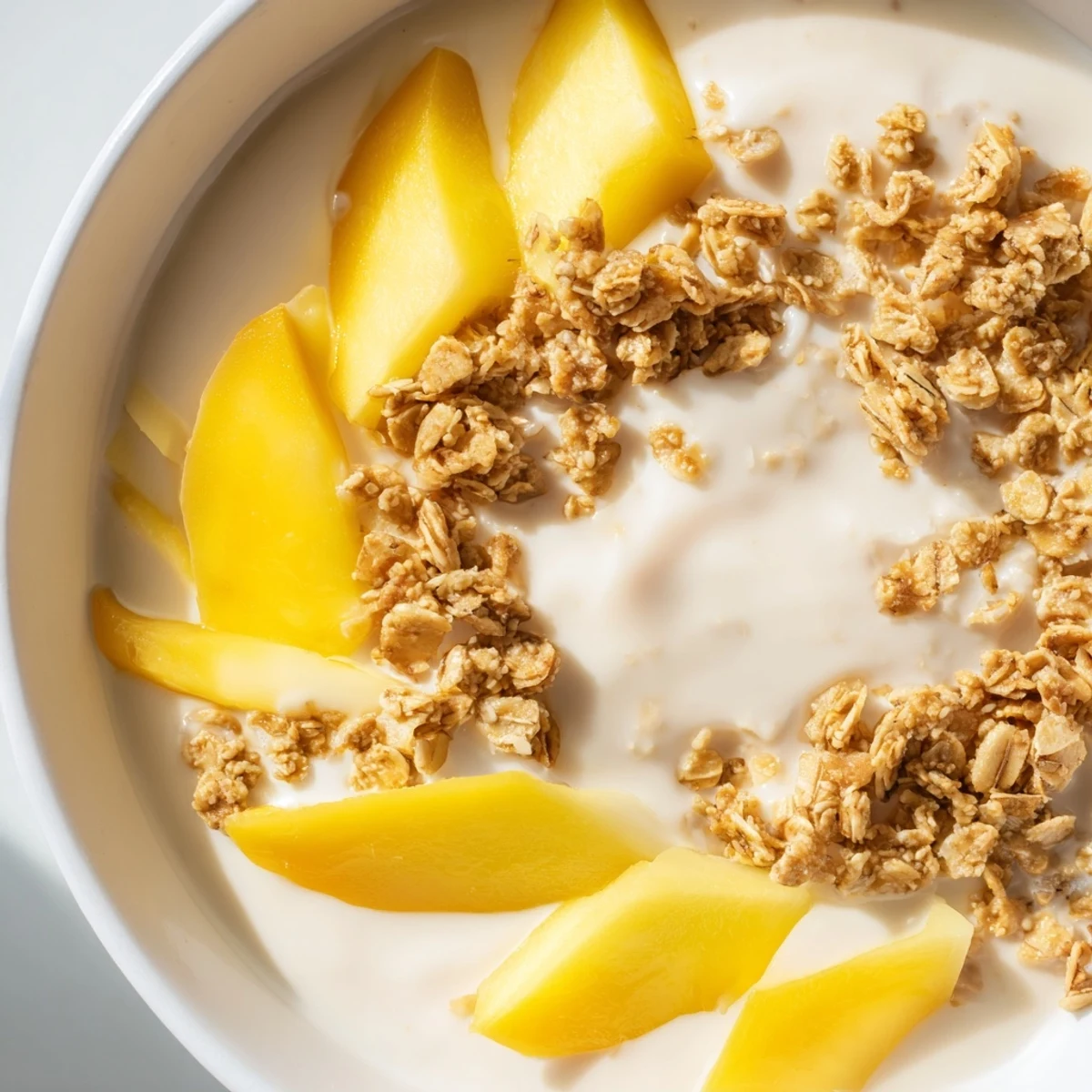 Cool and refreshing Mango Blended Overnight Oats, a healthy breakfast featuring ripe mango puree, served chilled.