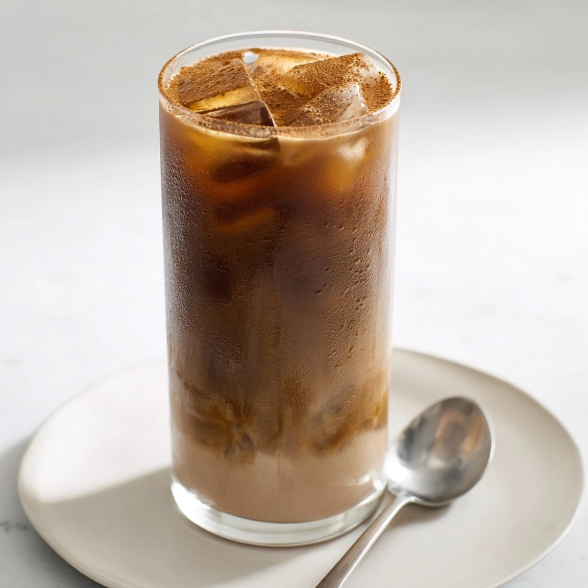 Creamy Proffee Power Blend, a layered iced coffee with a protein shake, looks delicious and refreshing.