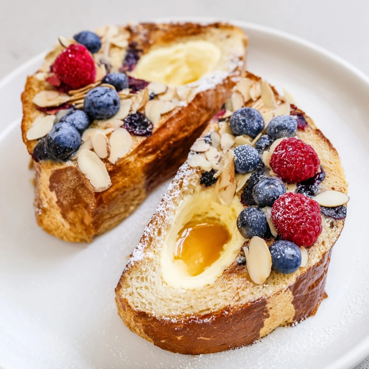 Picture warm custard toast, a tempting breakfast treat, with crisp edges and a creamy filling.