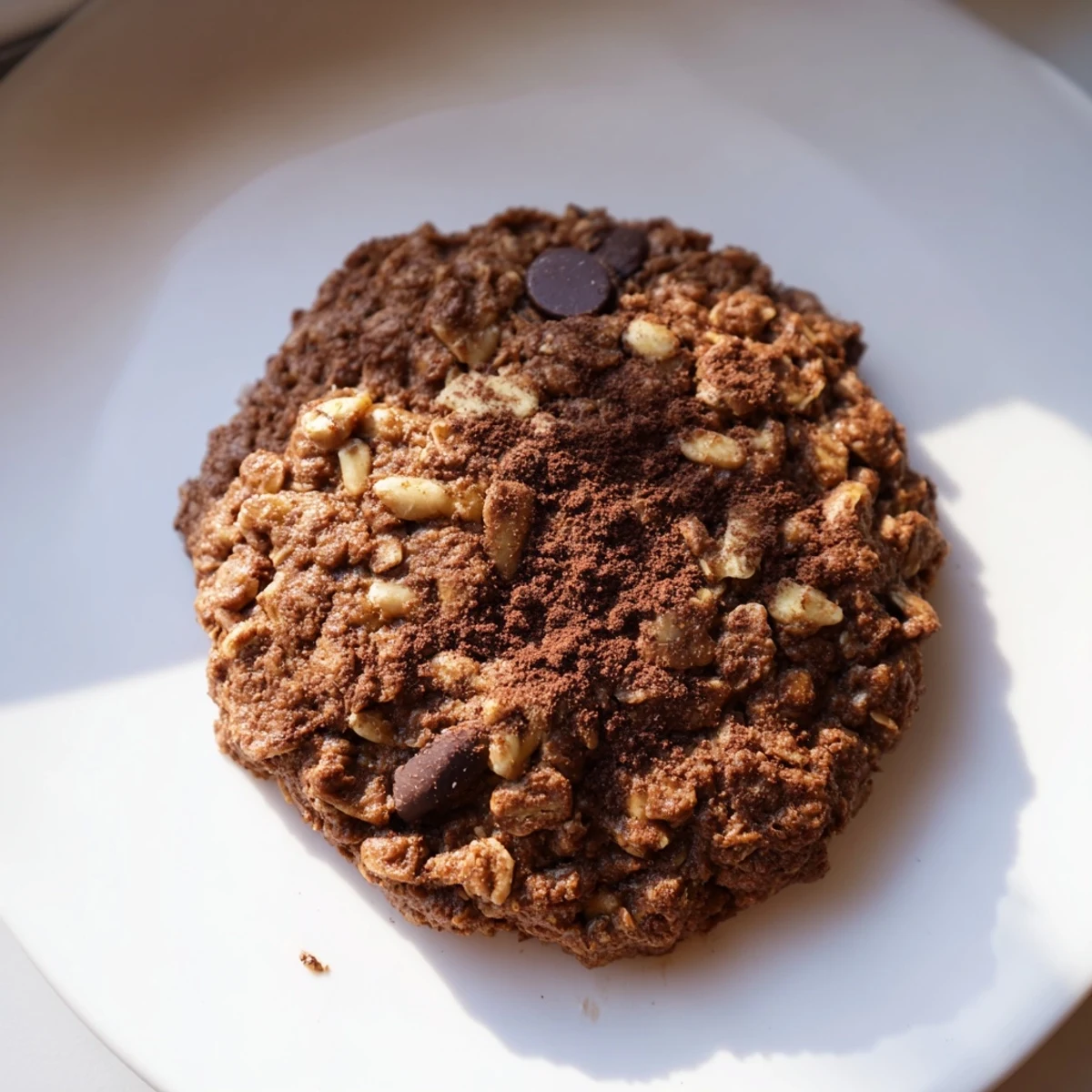 Warm, soft Chocolate Oatmeal Breakfast Cookie, smelling of cocoa, served for an easy morning breakfast.