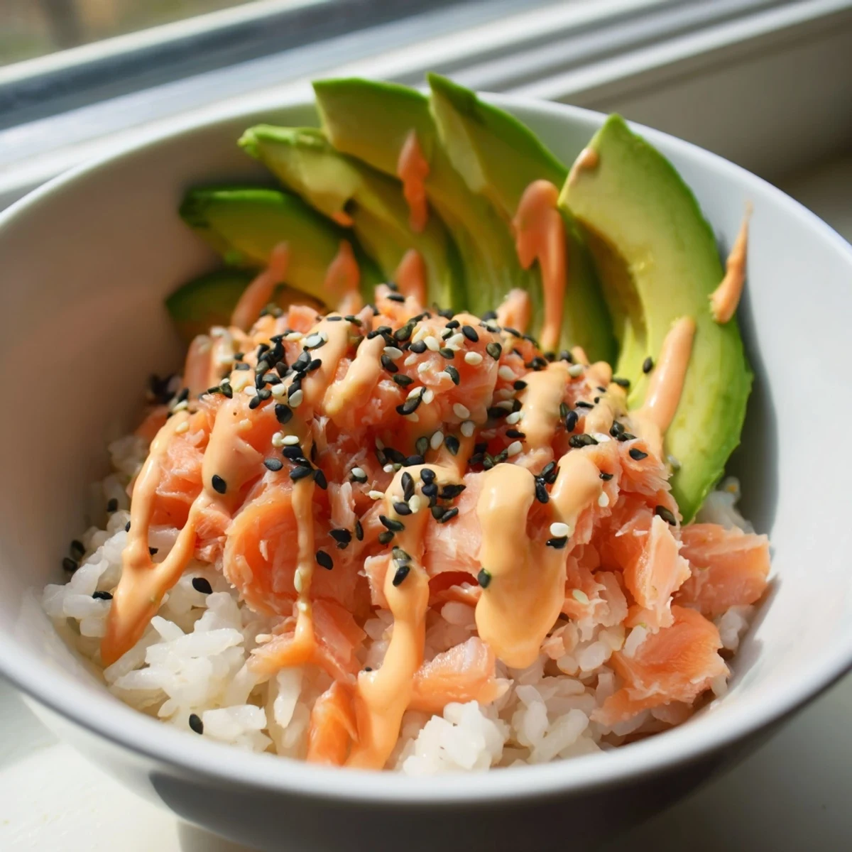 A close-up of Emily Mariko’s viral salmon rice bowl with flaked fish, creamy avocado, and drizzled spicy mayo.  