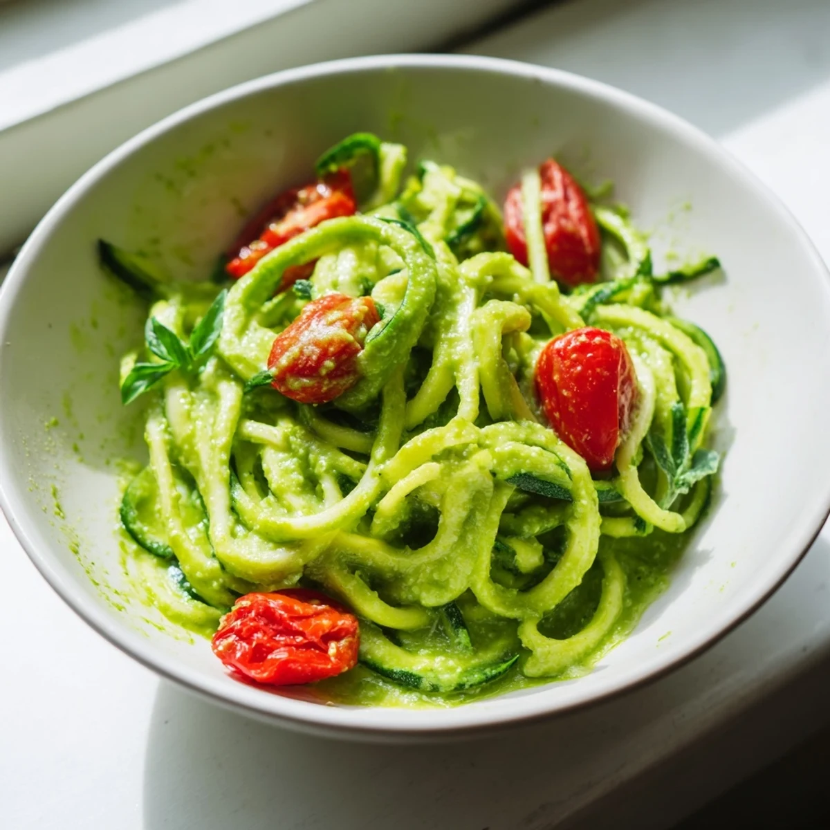 A close-up of bright green avocado pesto zoodles, with halved red tomatoes and basil adding a pop of color.