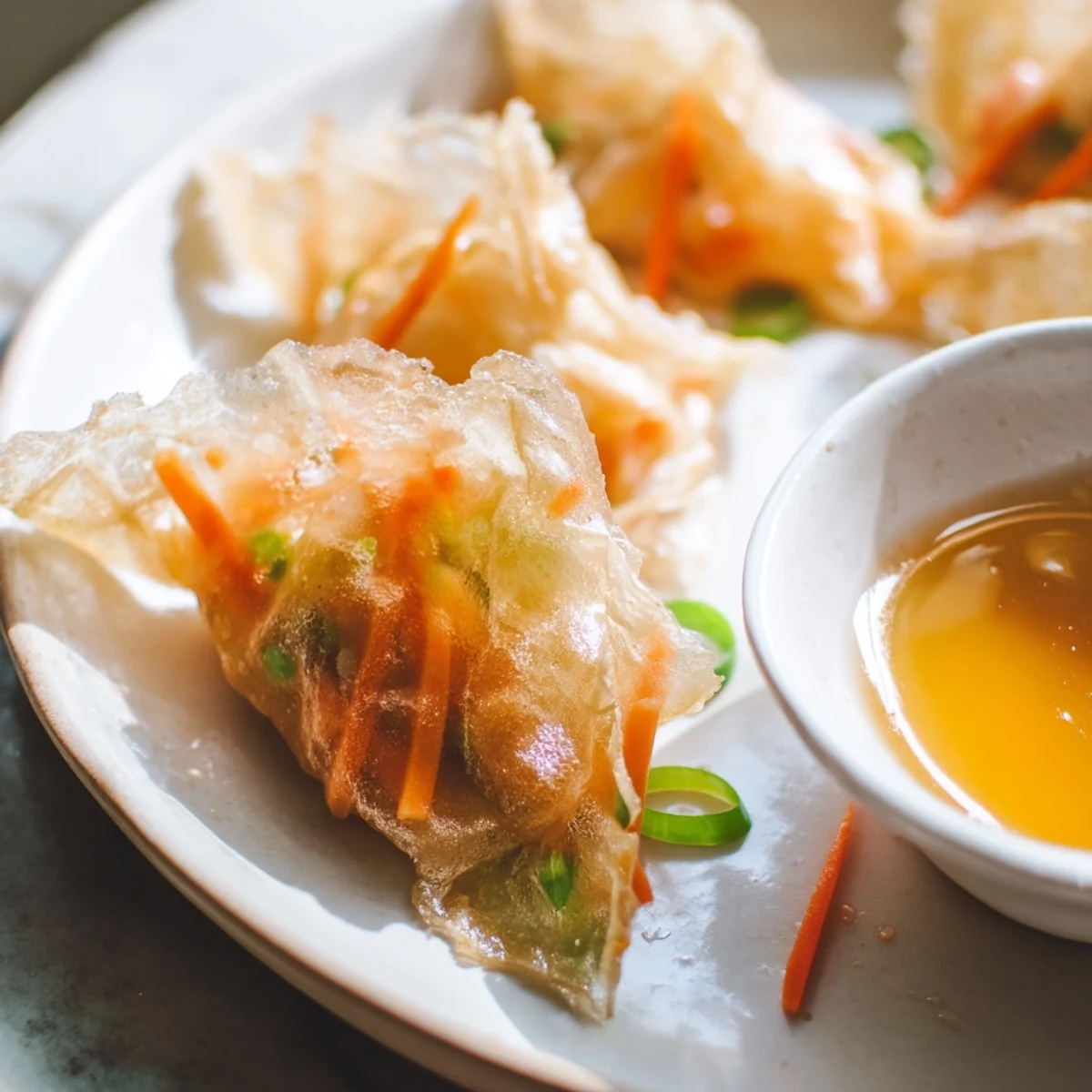 Golden-brown Crispy Rice Paper Dumplings with a crunchy exterior, filled with shredded vegetables and served alongside a tangy dipping sauce.