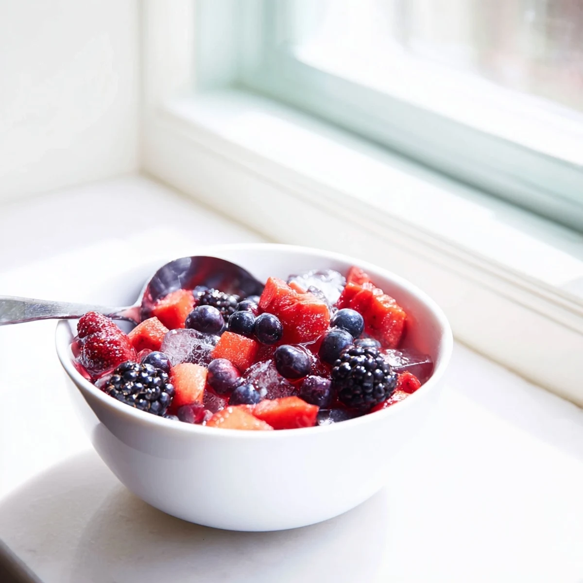 Fresh strawberries, blueberries, raspberries, and blackberries glisten in chilled coconut water and ice in this Nature’s Cereal Bowl.