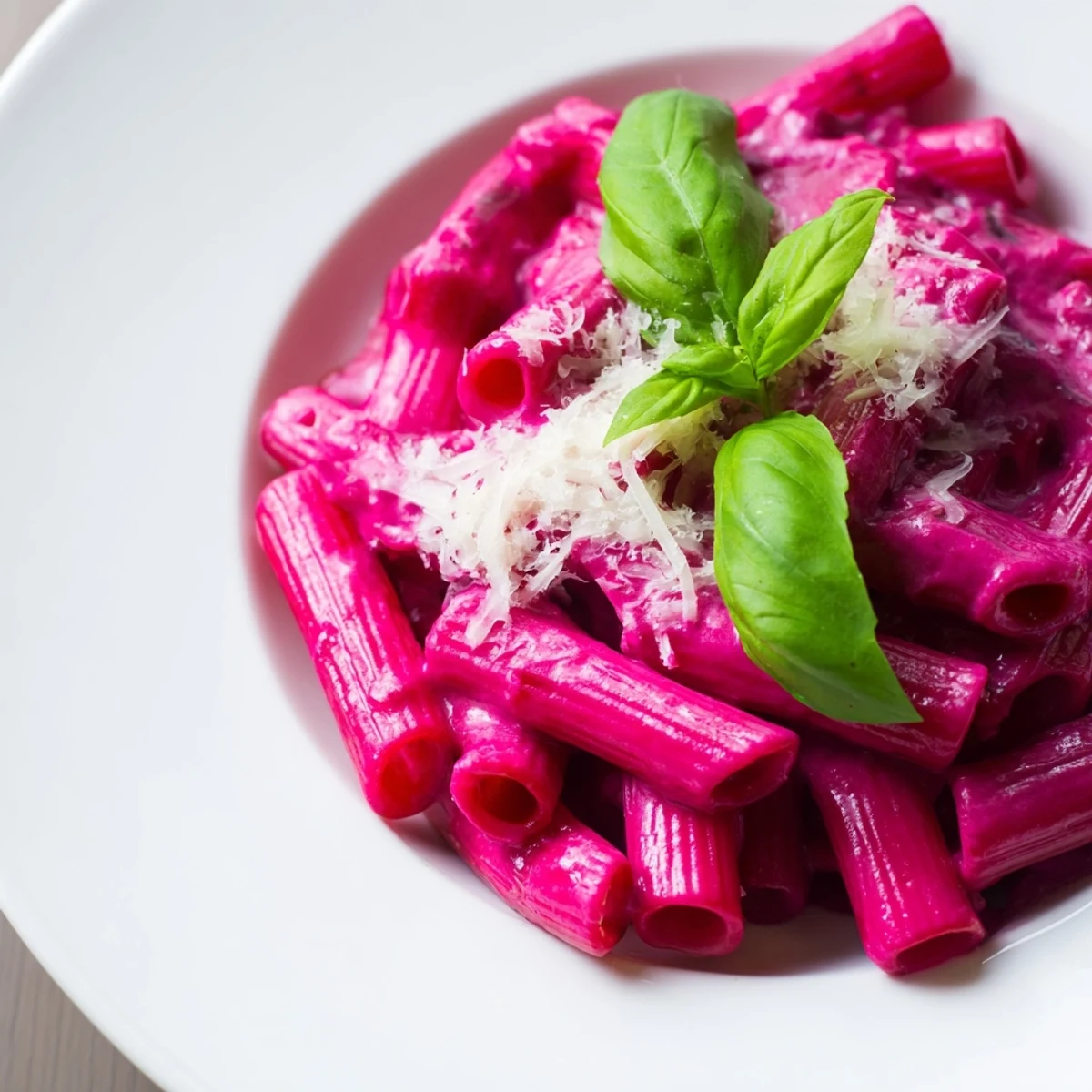 Creamy beet pasta with silky, vibrant sauce in a white bowl, ready for dinner.