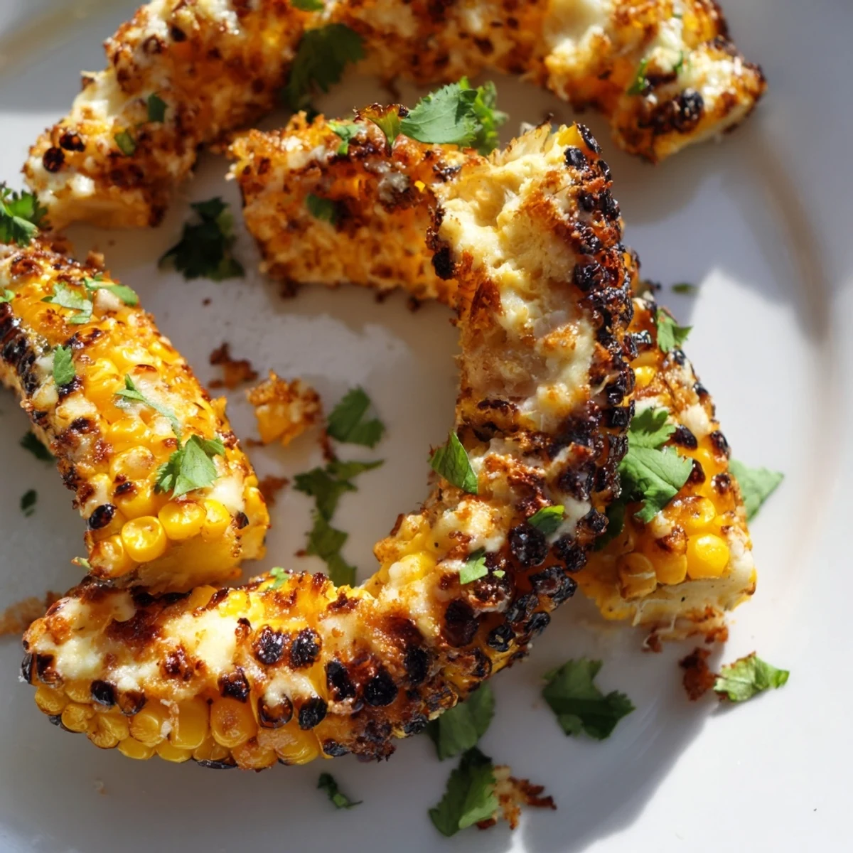 Golden-baked Cheesy Corn Ribs, crispy on the edges and topped with bubbly melted cheddar and fresh cilantro, served with lime wedges.