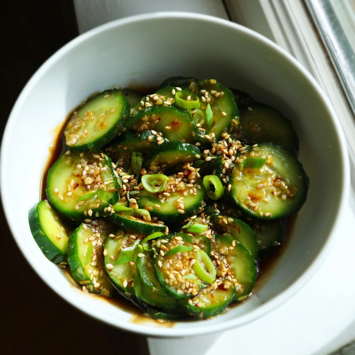 Vibrant slices of cucumbers tossed in a jar with a garlic and sesame soy dressing, ready to be shaken into a quick, crunchy salad.