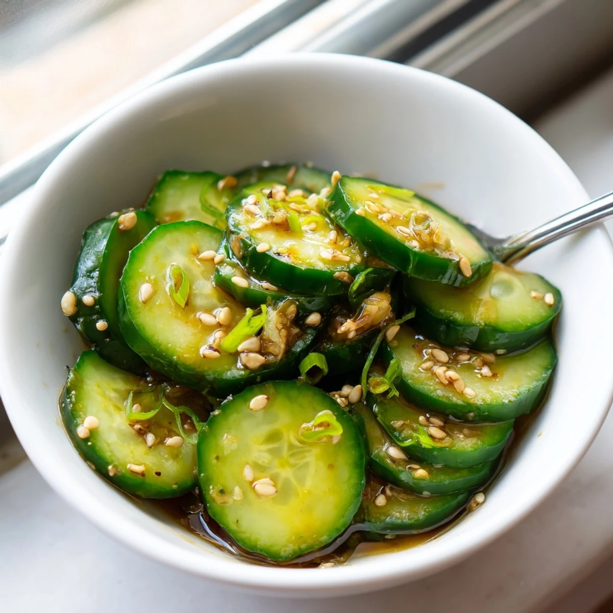 Savory Shake Shake Garlic Cucumbers served chilled in a bowl, garnished with sesame seeds and fresh green onions for an extra pop of flavor.