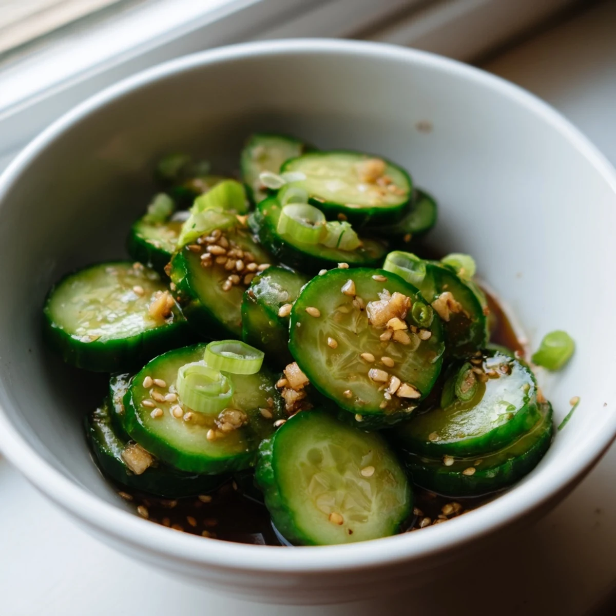 A close-up of a refreshing Asian-inspired cucumber salad, highlighting the glossy, spiced dressing clinging to each crisp, 1/4-inch round.
