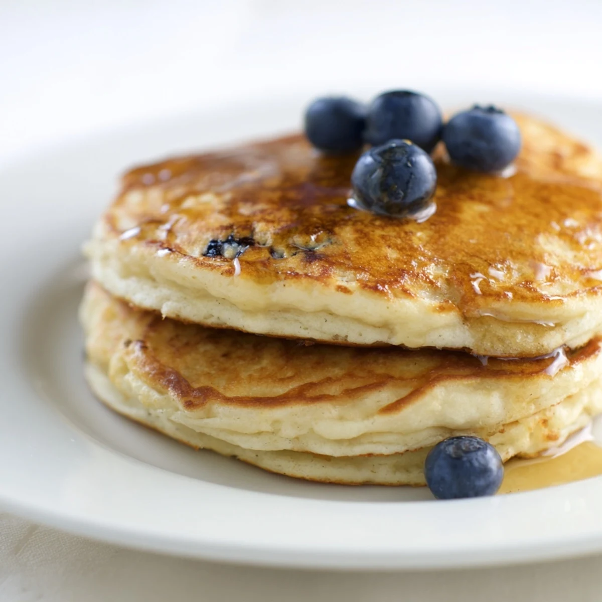 Golden-brown cottage cheese pancakes stack high on a white plate, drizzled with maple syrup and topped with fresh berries for a vibrant breakfast.