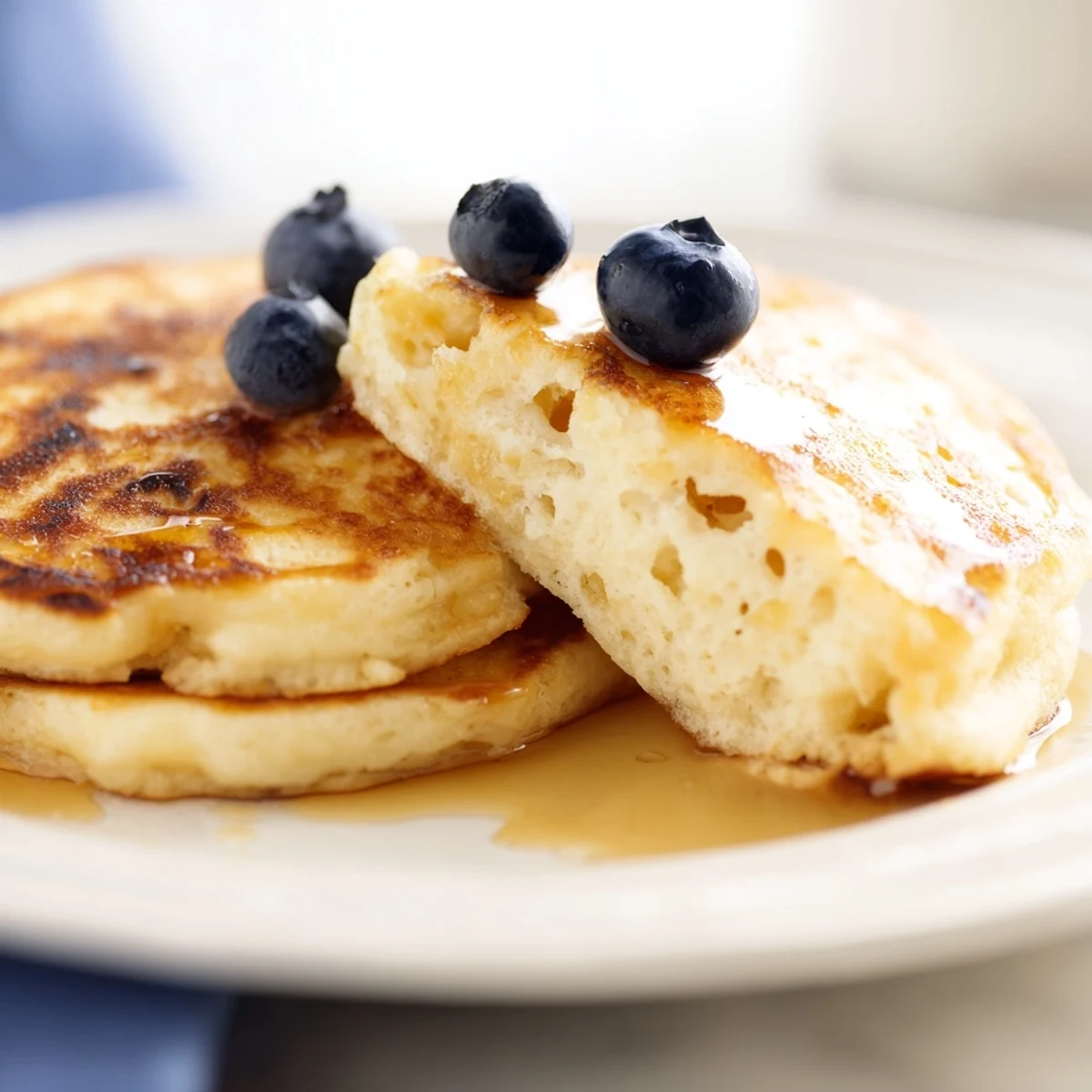 A close-up of fluffy cottage cheese pancakes reveals a tender, protein-packed crumb, glistening with honey and a sprinkle of cinnamon.