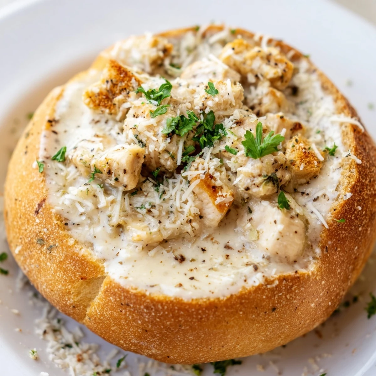 A golden, crusty bread bowl overflowing with creamy chicken Alfredo, garnished with fresh parsley and extra Parmesan.