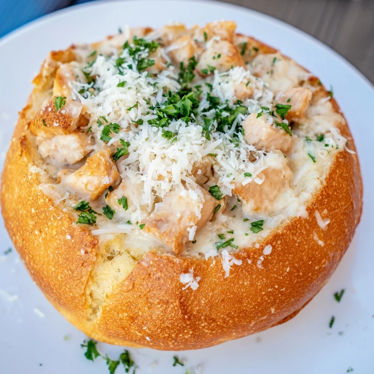 Freshly baked chicken Alfredo bread bowl with a rich, creamy filling and a golden, crunchy top.