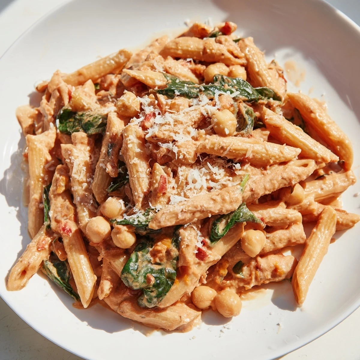 Creamy Tuscan Chickpea Pasta in a skillet features al dente pasta coated in rich tomato cream sauce with tender chickpeas and wilted spinach.