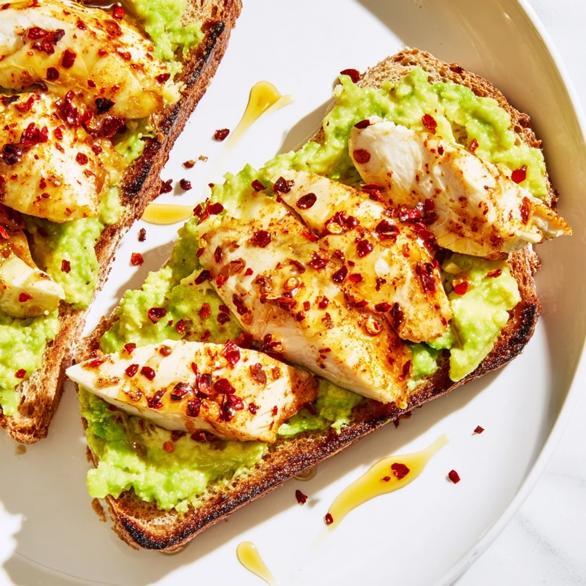 Creamy smashed avocado and seasoned grilled chicken slices piled on golden, crusty sourdough toast with honey drizzle and chili flakes.