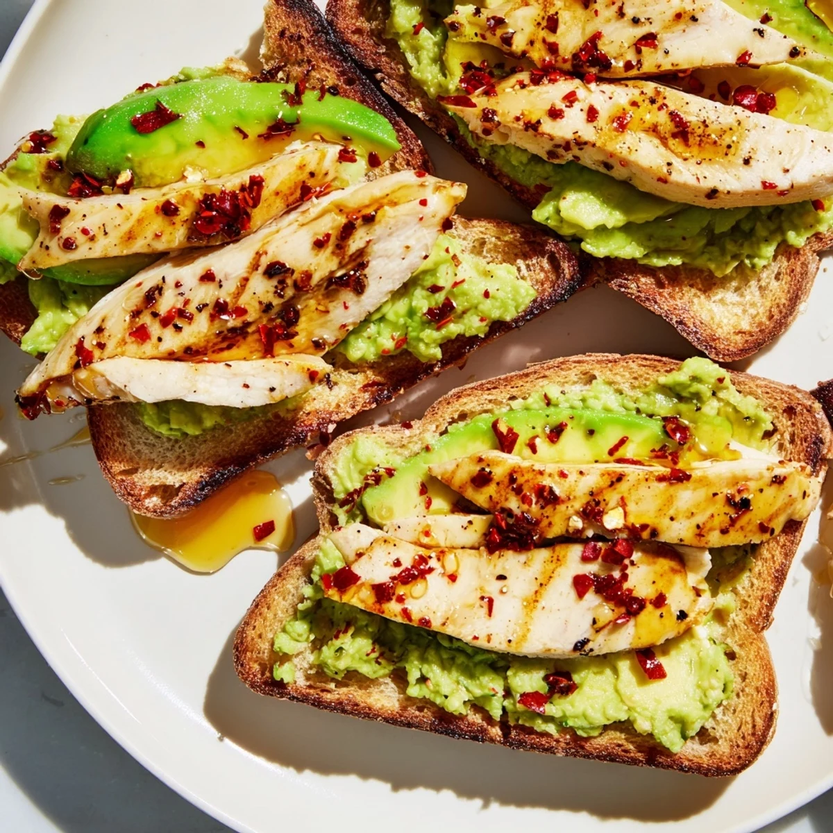 Golden toast topped with vibrant green avocado mash, juicy grilled chicken pieces, and a light dusting of red pepper flakes and herbs.