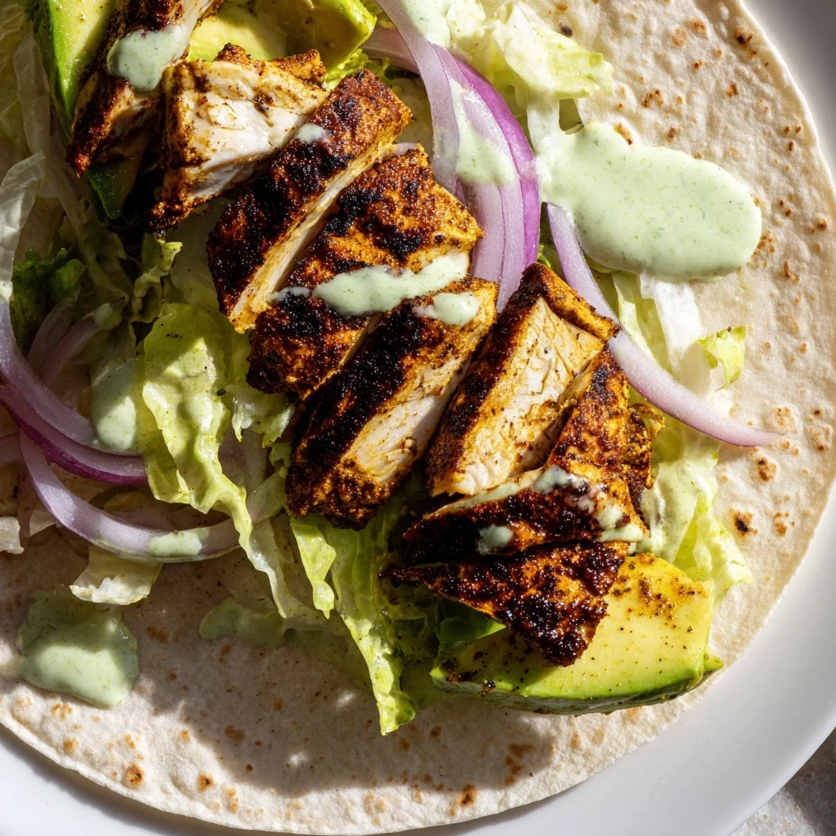 Serving a warm Smoky Chipotle Chicken Wrap with Greek yogurt drizzle, red onion, and ripe avocado slices.