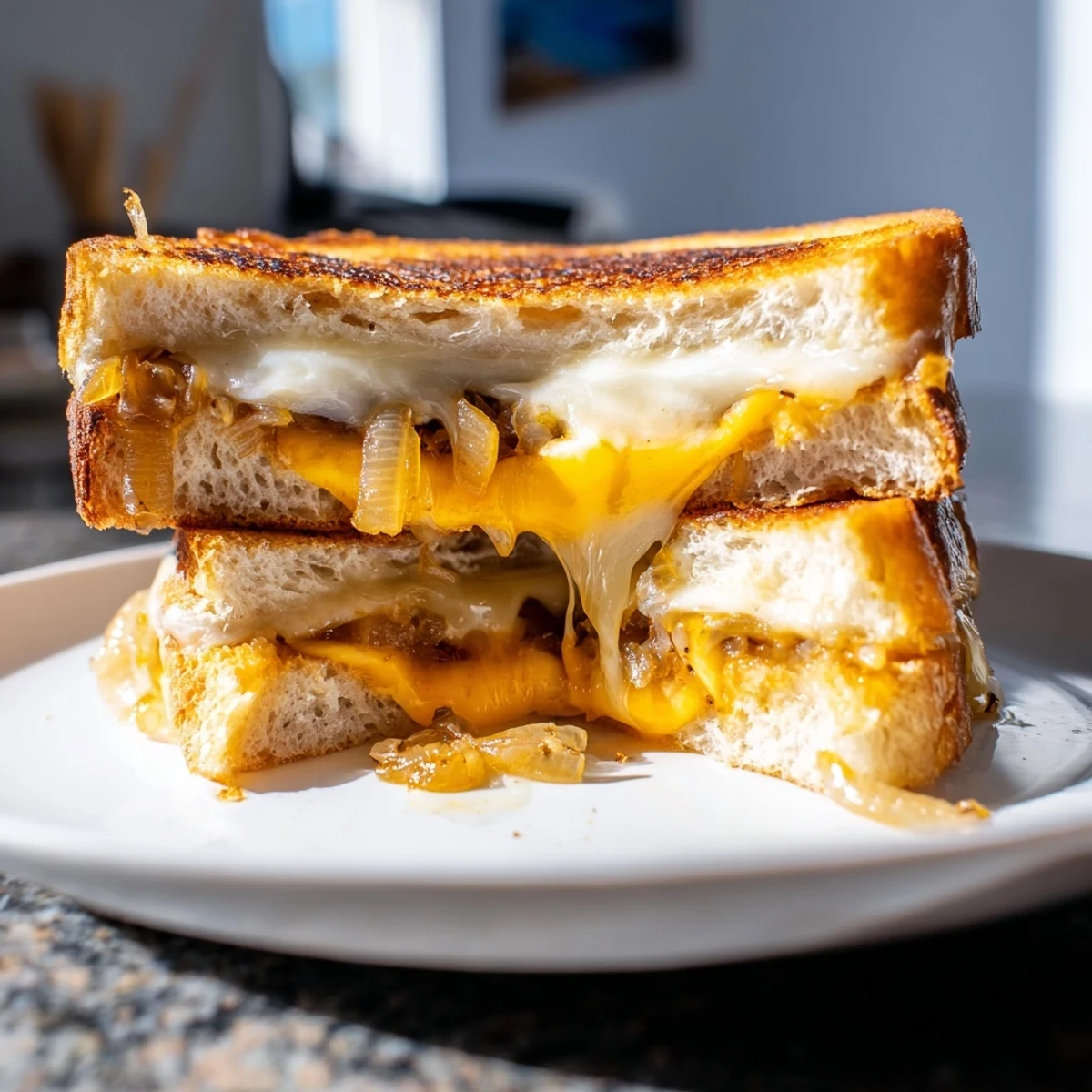 Crisp sourdough grilled cheese with sweet, jammy caramelized onions and sharp white cheddar, served warm with a golden buttery crust.