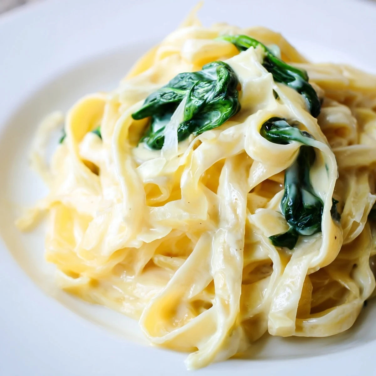 Creamy Garlic Spinach Pasta served in a white bowl, with fresh parsley and Parmesan garnish, steaming gently.  