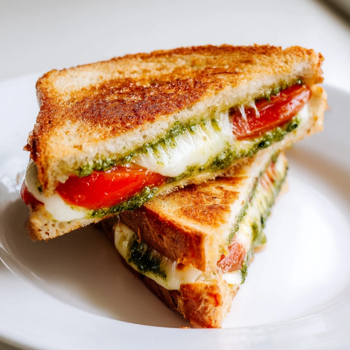 Melted mozzarella and juicy tomato slices peek from between buttery toasted sourdough in this Caprese Pesto Grilled Cheese.  