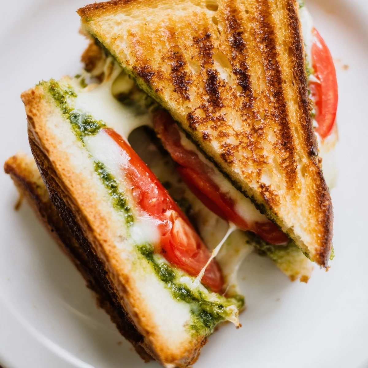 A close-up of warm Caprese Pesto Grilled Cheese on a cutting board, with fresh basil leaves and tomato wedges nearby.