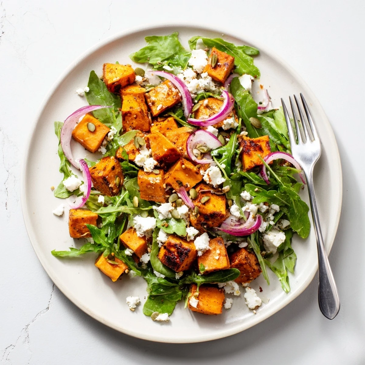 Roasted Sweet Potato Salad with caramelized sweet potatoes on a bed of peppery arugula and crumbled feta.