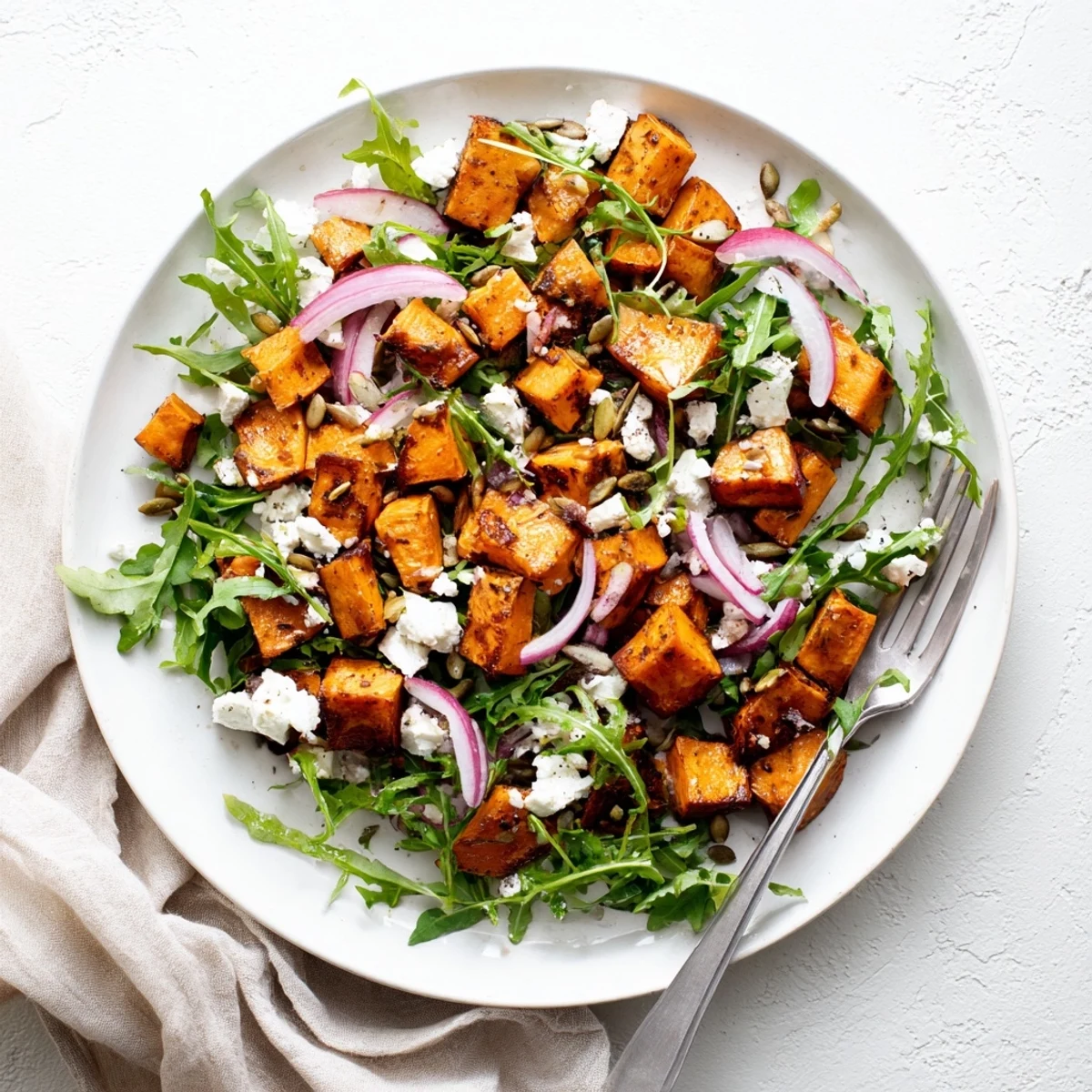 A vibrant Roasted Sweet Potato Salad topped with creamy feta and pumpkin seeds, served on a rustic wooden table.